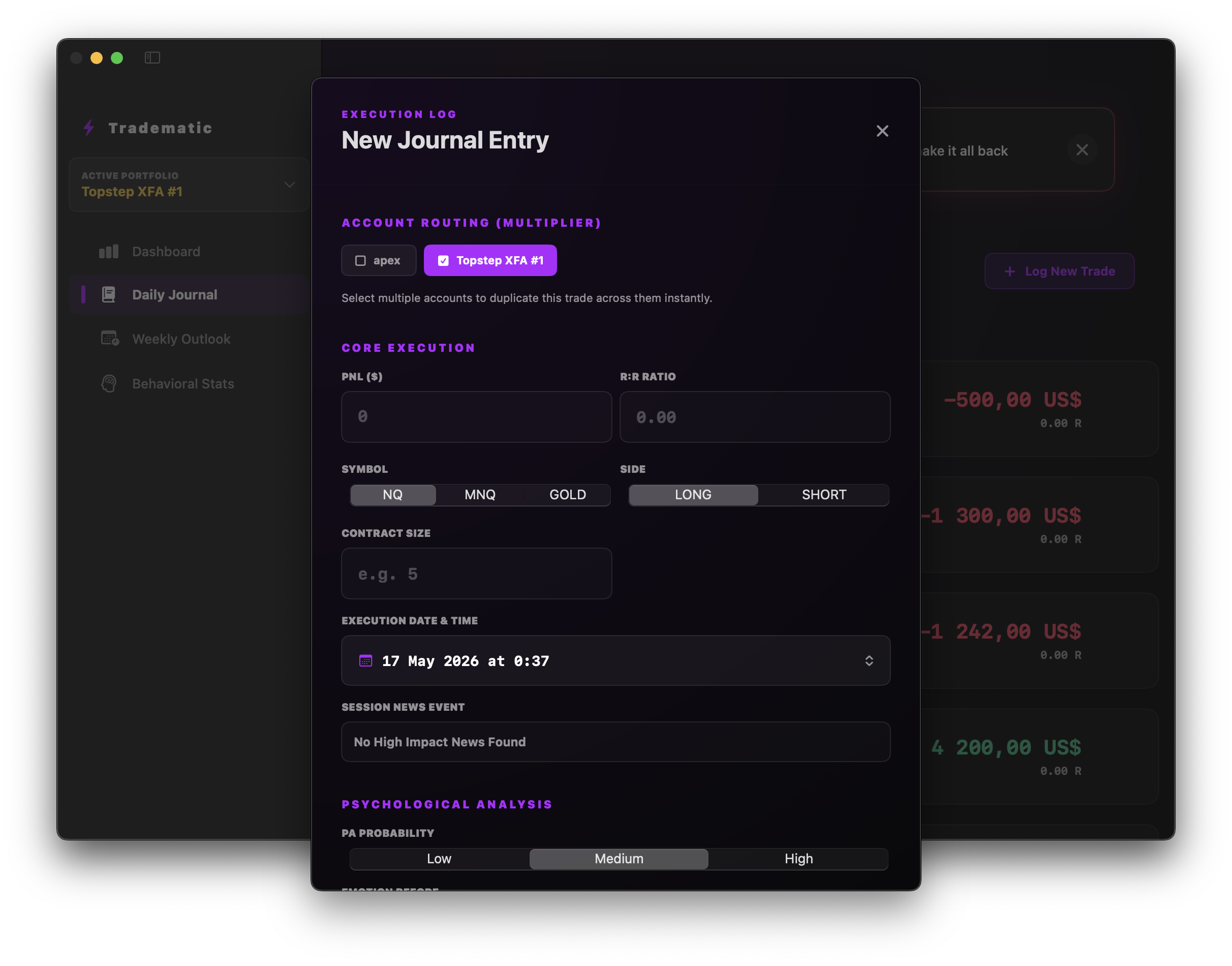Tradematic advanced trade journal view
